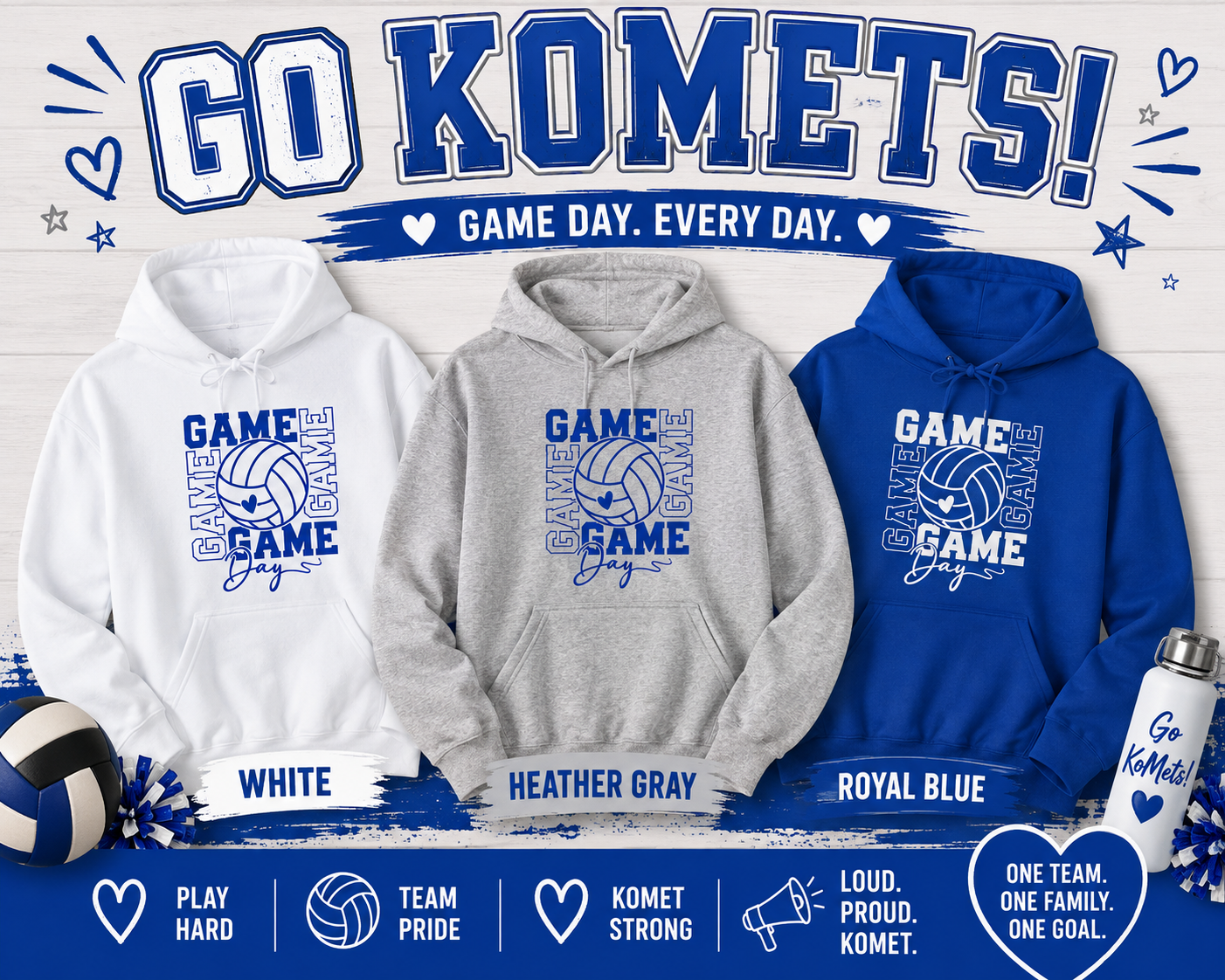 Game Day Volleyball Hoodie | Volleyball Fan Hoodie | KoMets Volleyball Sweatshirt | Royal Blue, Heather Gray & White