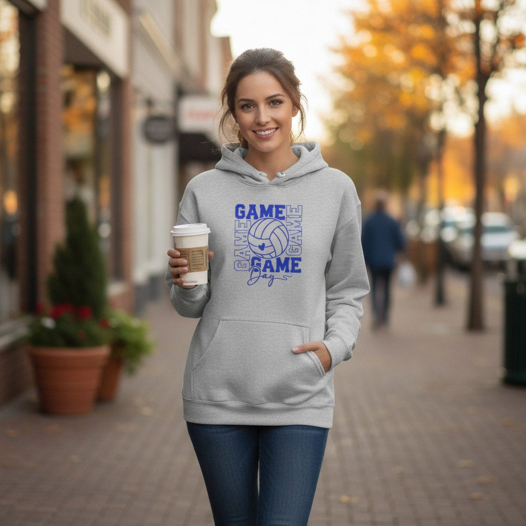 Game Day Volleyball Hoodie | Volleyball Fan Hoodie | KoMets Volleyball Sweatshirt | Royal Blue, Heather Gray & White