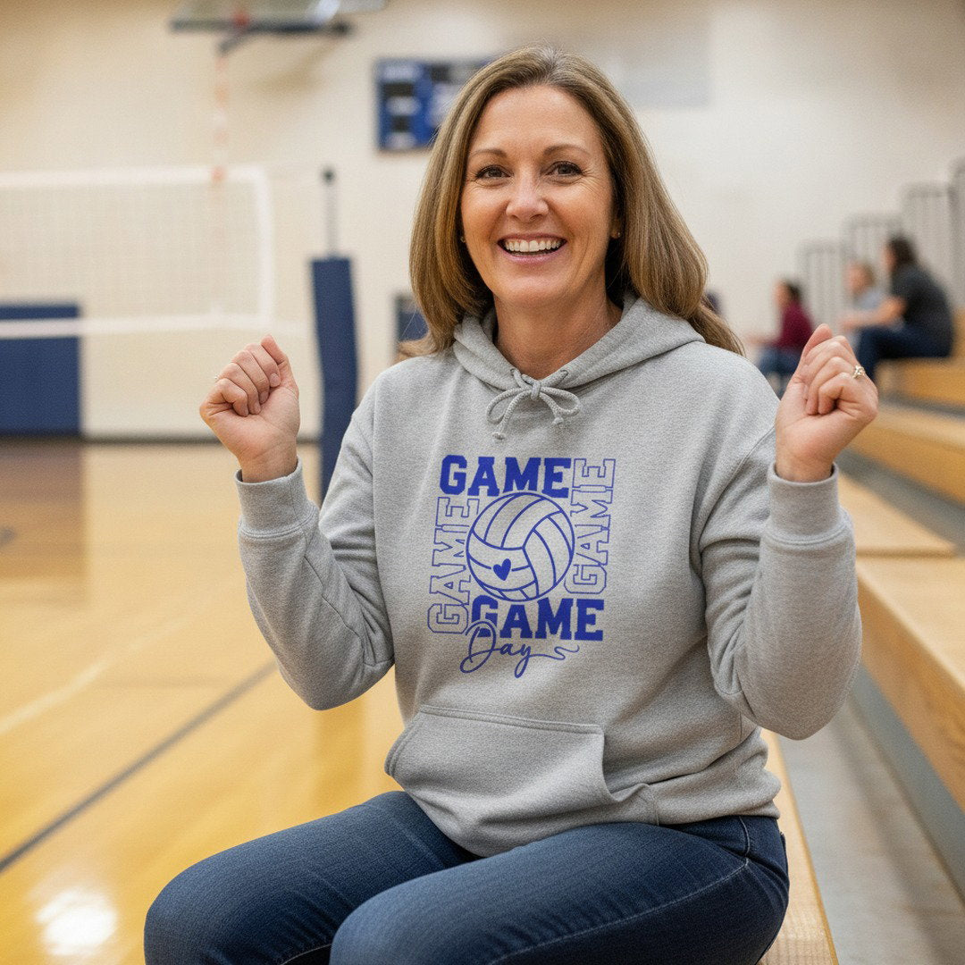 Game Day Volleyball Hoodie | Volleyball Fan Hoodie | KoMets Volleyball Sweatshirt | Royal Blue, Heather Gray & White