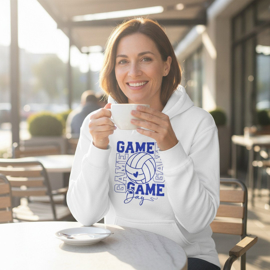 Game Day Volleyball Hoodie | Volleyball Fan Hoodie | KoMets Volleyball Sweatshirt | Royal Blue, Heather Gray & White