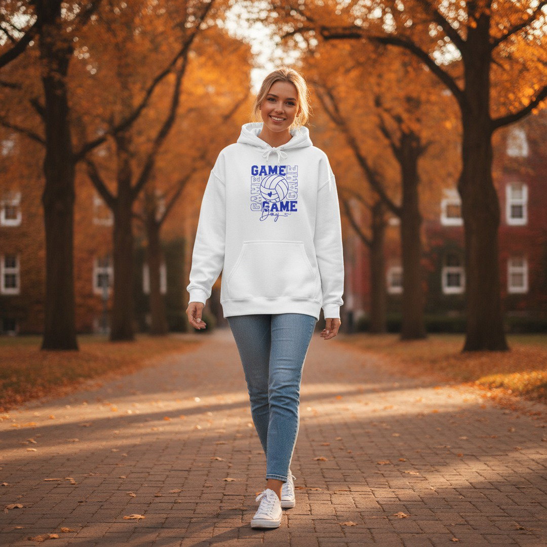 Game Day Volleyball Hoodie | Volleyball Fan Hoodie | KoMets Volleyball Sweatshirt | Royal Blue, Heather Gray & White
