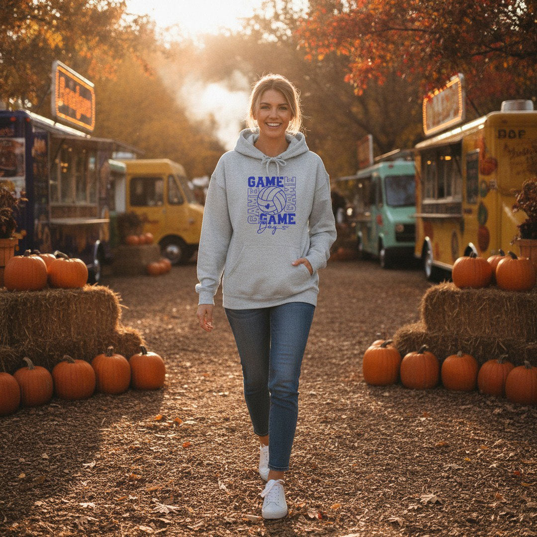 Game Day Volleyball Hoodie | Volleyball Fan Hoodie | KoMets Volleyball Sweatshirt | Royal Blue, Heather Gray & White
