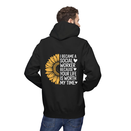 Social Worker Half Sunflower Hoodie — Minimal Yellow Floral Back Print