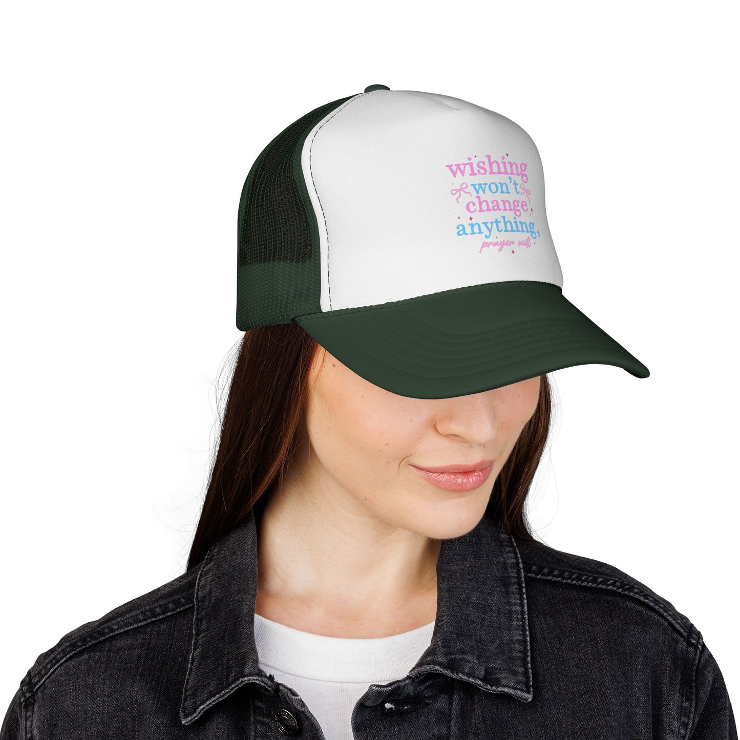 Wishing won't change anything Trucker Cap | pastel text, motivational phrase