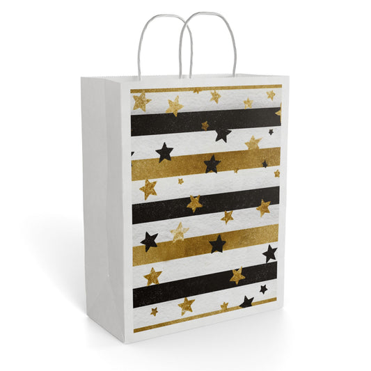 Gold & Black Star Striped Paper Gift Bag