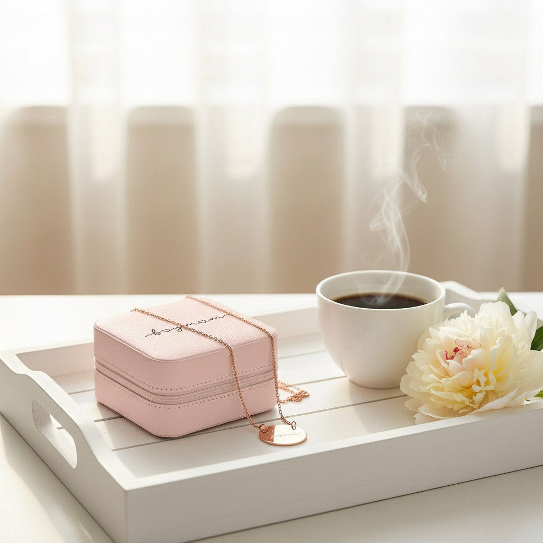 Boy Mom jewelry box and rose gold necklace styled on white wood tray with steaming coffee cup and cream peony — cozy Mother's Day gift idea