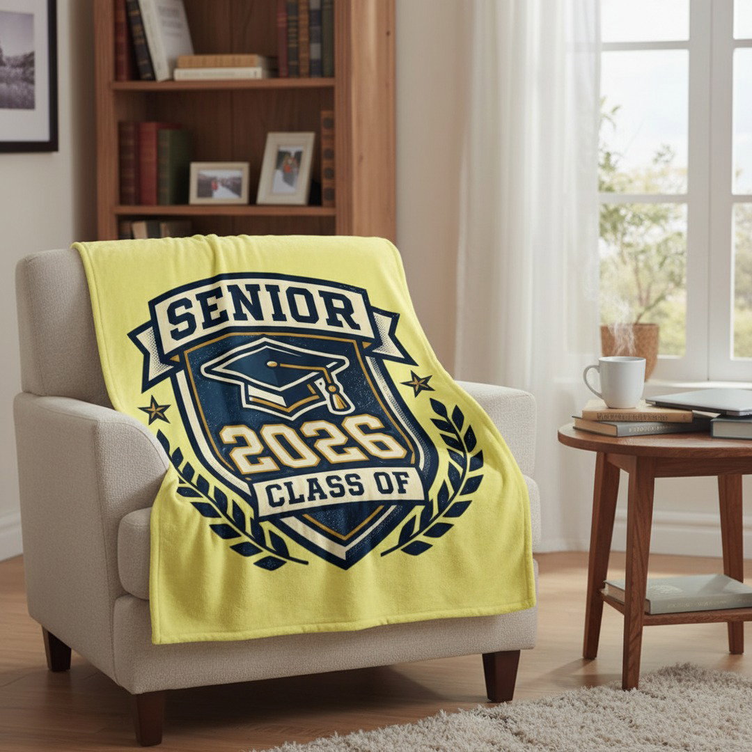 Yellow blanket with 'Senior 2026 Class of' design on a chair in a room with a bookshelf and window.