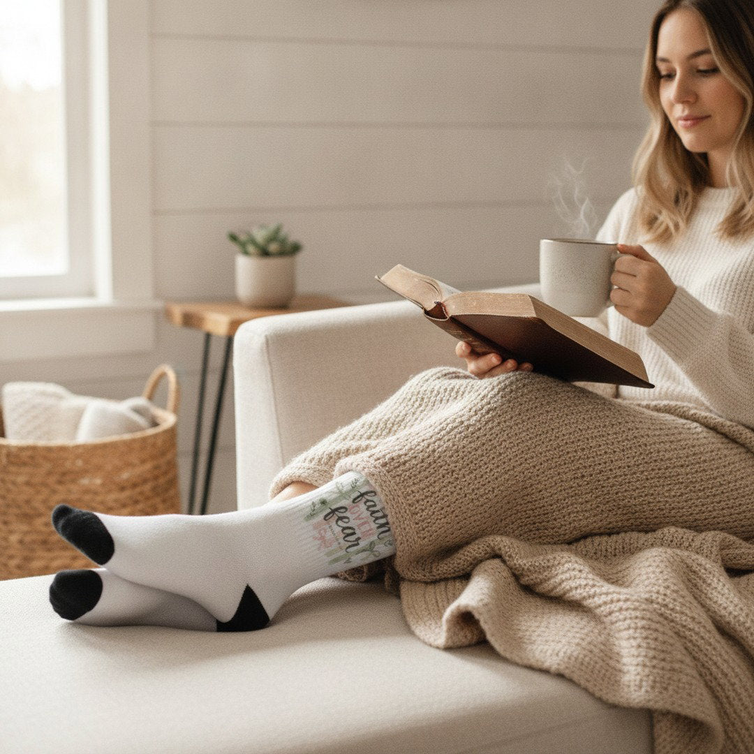Encouragement Bundle - Faith Over Fear Encouragement Bundle | Christian Sherpa Blanket & Matching Crew Socks