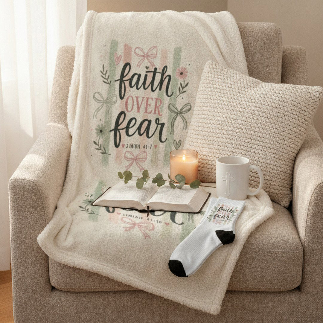 Encouragement Bundle - Faith Over Fear Encouragement Bundle | Christian Sherpa Blanket & Matching Crew Socks