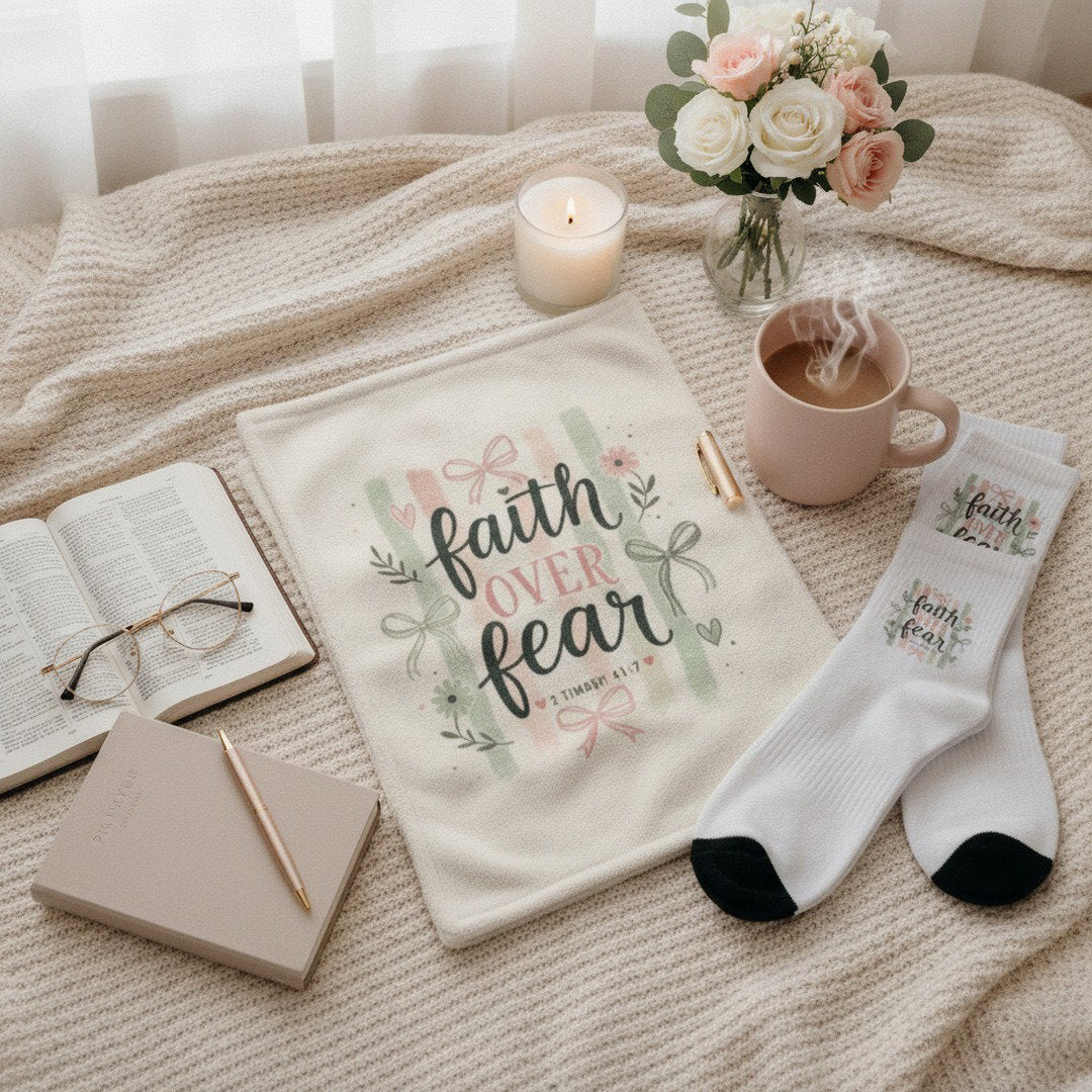 Encouragement Bundle - Faith Over Fear Encouragement Bundle | Christian Sherpa Blanket & Matching Crew Socks
