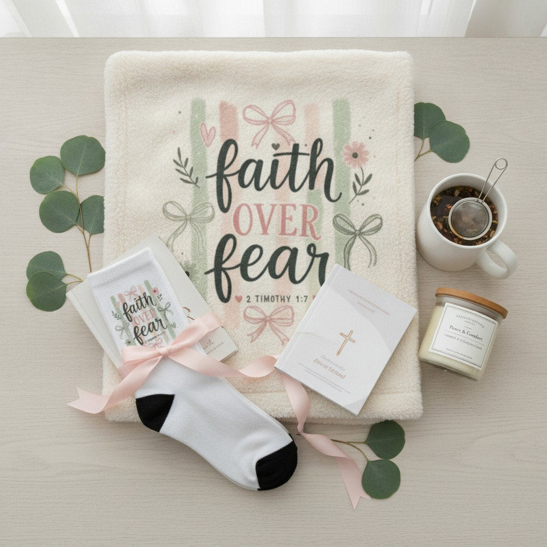 Encouragement Bundle - Faith Over Fear Encouragement Bundle | Christian Sherpa Blanket & Matching Crew Socks