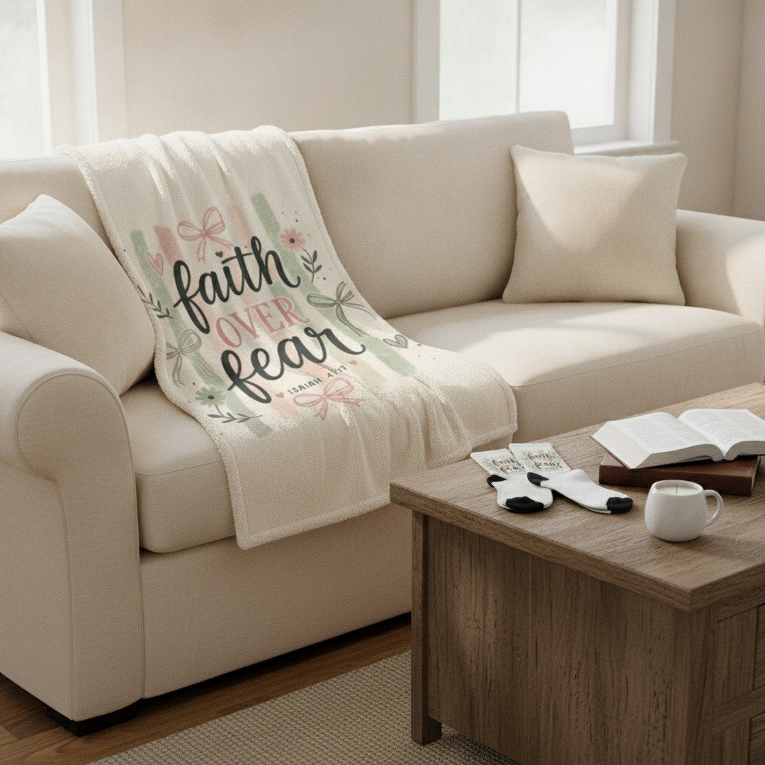 Encouragement Bundle - Faith Over Fear Encouragement Bundle | Christian Sherpa Blanket & Matching Crew Socks