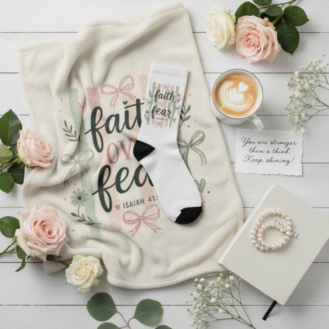 Encouragement Bundle - Faith Over Fear Encouragement Bundle | Christian Sherpa Blanket & Matching Crew Socks