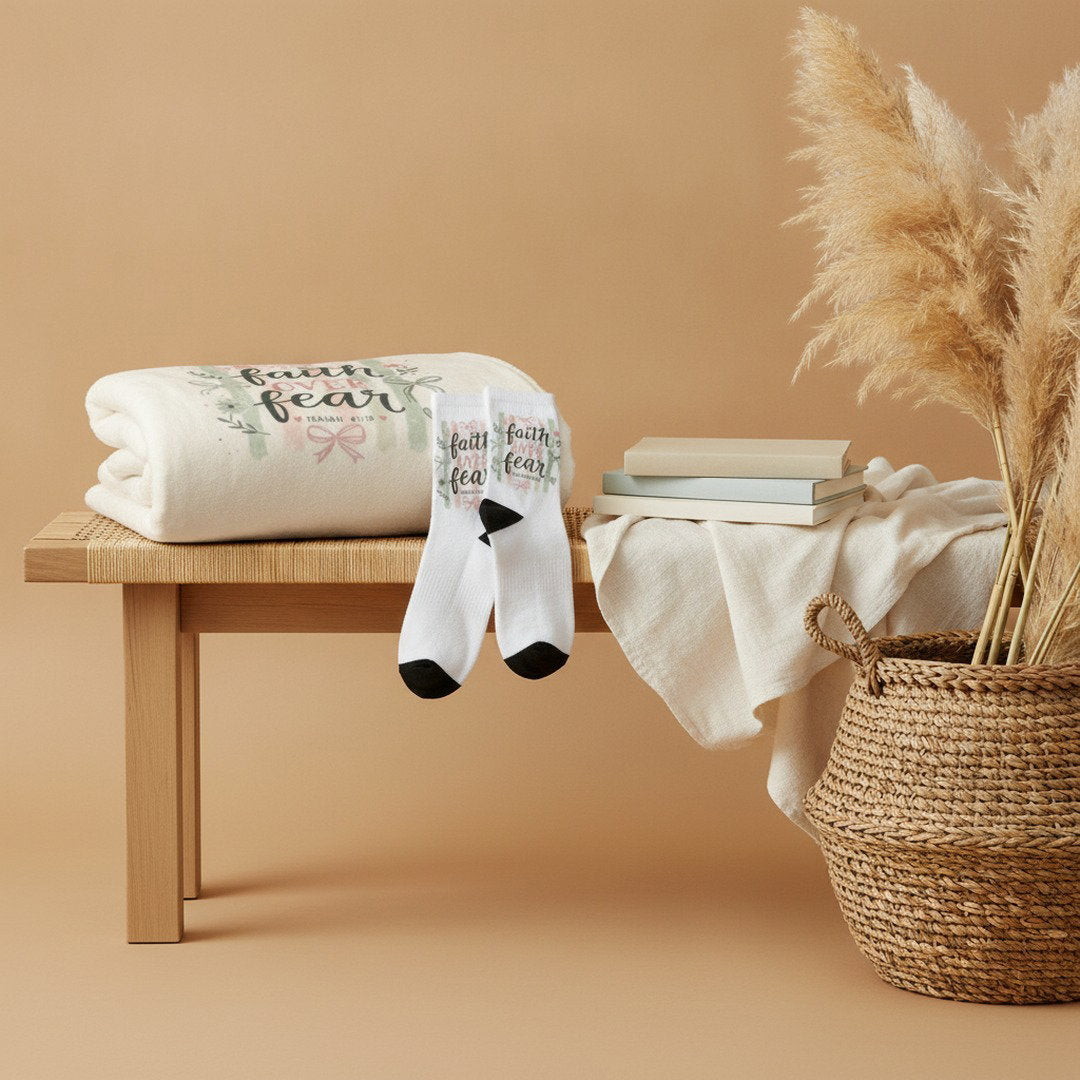 Encouragement Bundle - Faith Over Fear Encouragement Bundle | Christian Sherpa Blanket & Matching Crew Socks