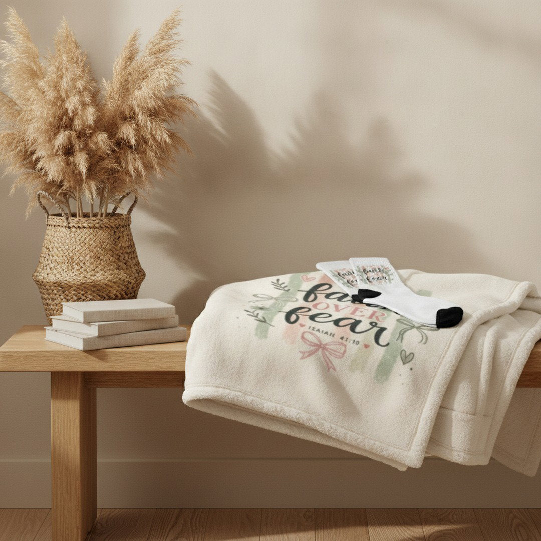 Encouragement Bundle - Faith Over Fear Encouragement Bundle | Christian Sherpa Blanket & Matching Crew Socks