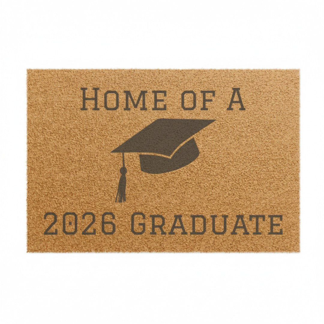 Doormat with 'Home of a 2026 Graduate' text and graduation cap graphic on a white background
