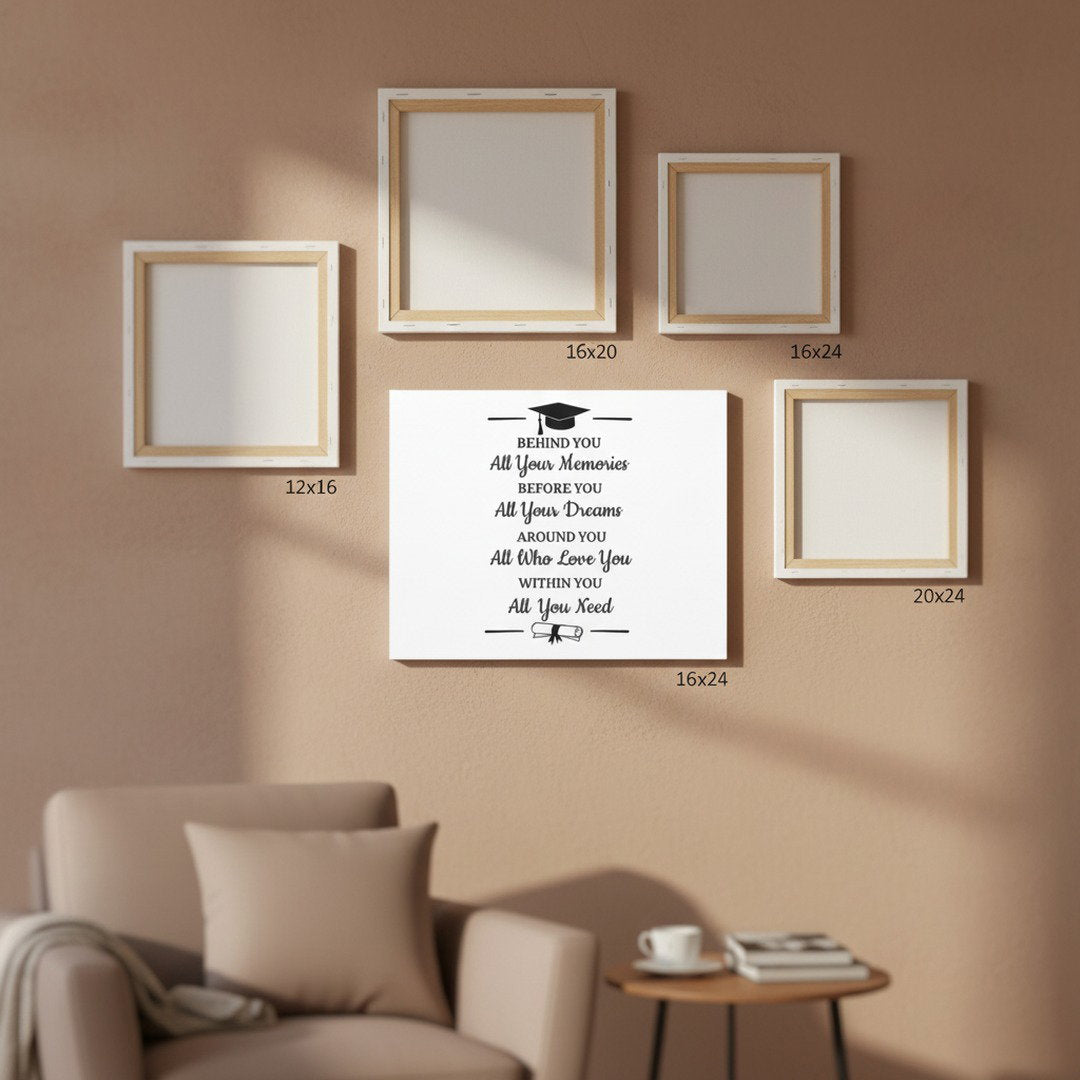 Wall with framed prints showing sizes of the canvas and graduation quote on a beige wall, with a sofa and small table in the foreground.