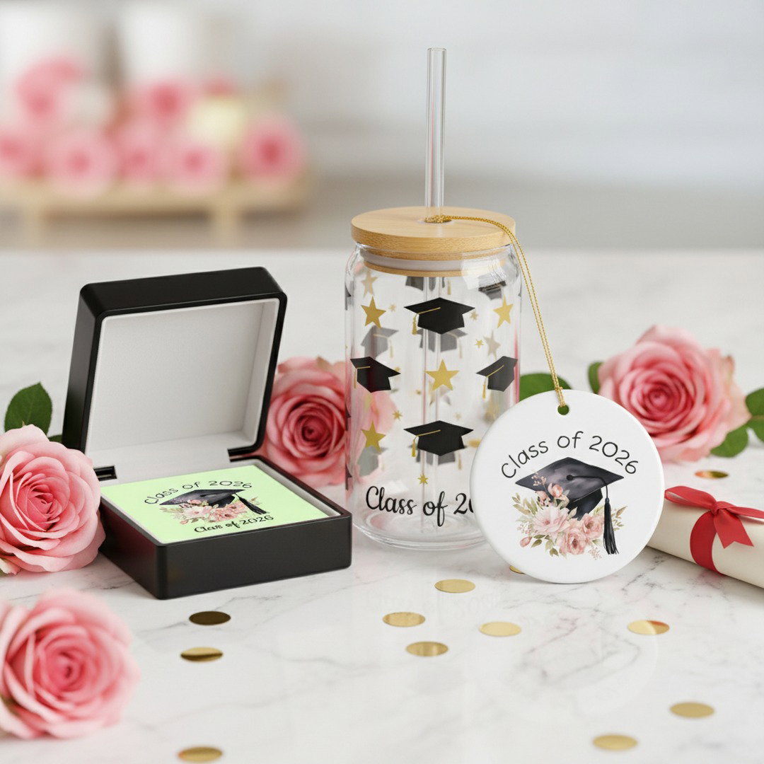  Class of 2026 graduation keepsake bundle with open floral jewelry box, ceramic ornament, and gold star sipper glass on white marble surface with pink roses, gold confetti, and diploma scroll, elegant graduation gift set display