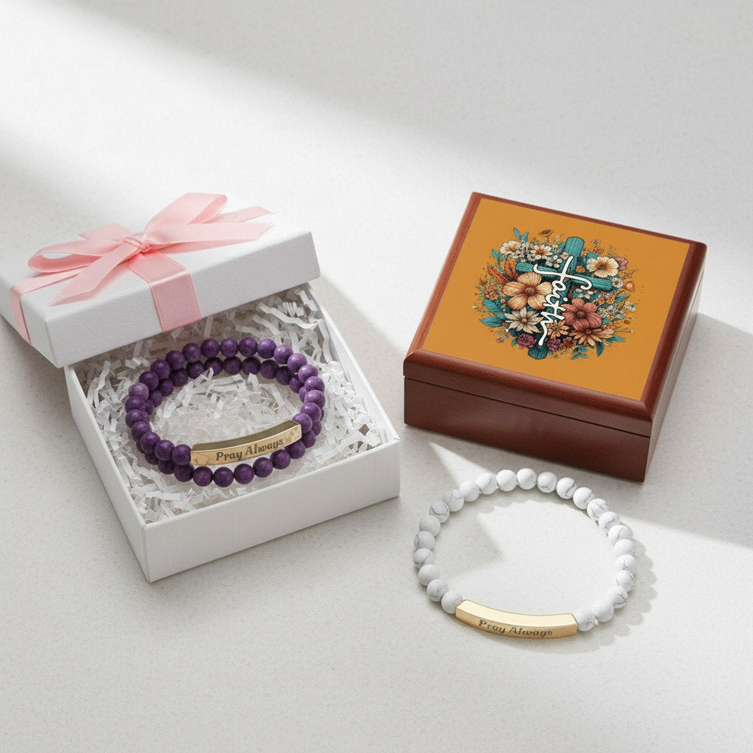 Pray Always beaded bracelet in white gift box with pink bow beside mahogany Faith floral cross keepsake jewelry box and white Pray Always beaded bracelet, faith graduation gift bundle