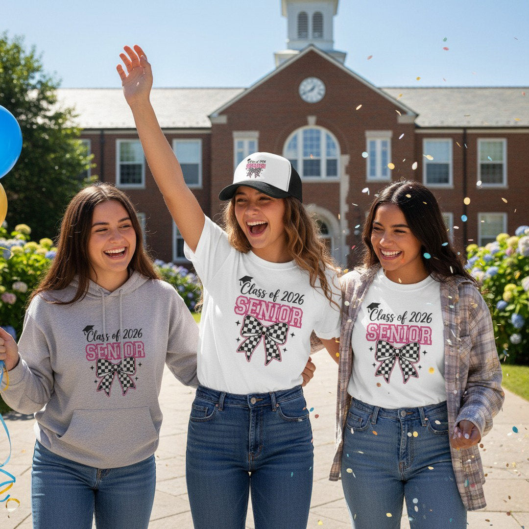 Three smiling young women wearing Class of 2026 Senior checkered bow apparel including a grey hoodie, white t-shirts, and black and white Senior trucker cap celebrating outdoors in front of brick school building with confetti falling and colorful balloons