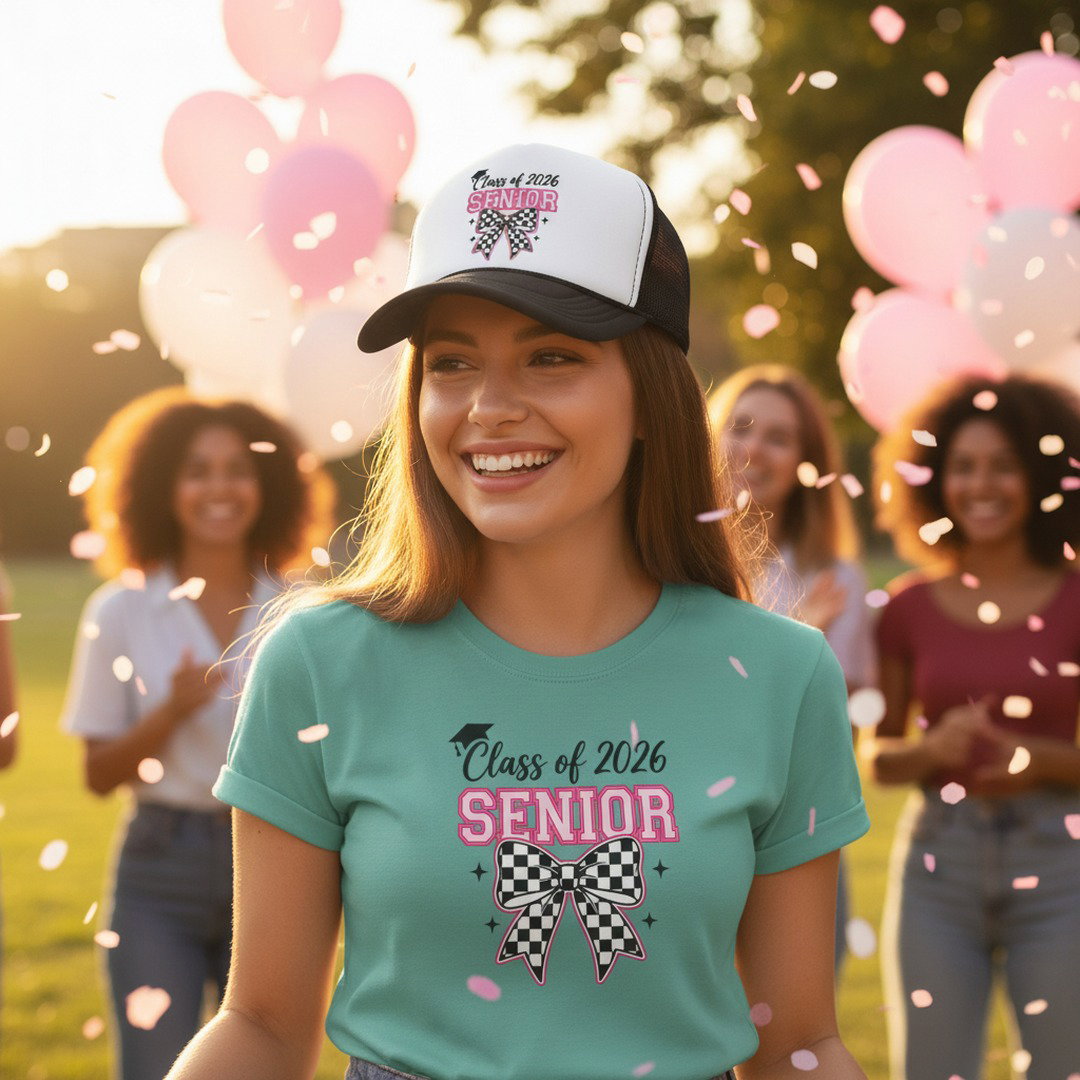 Smiling young woman wearing seafoam green Class of 2026 Senior checkered bow t-shirt and black and white Senior checkered bow trucker cap at outdoor graduation celebration with pink balloon confetti and friends in background at golden hour