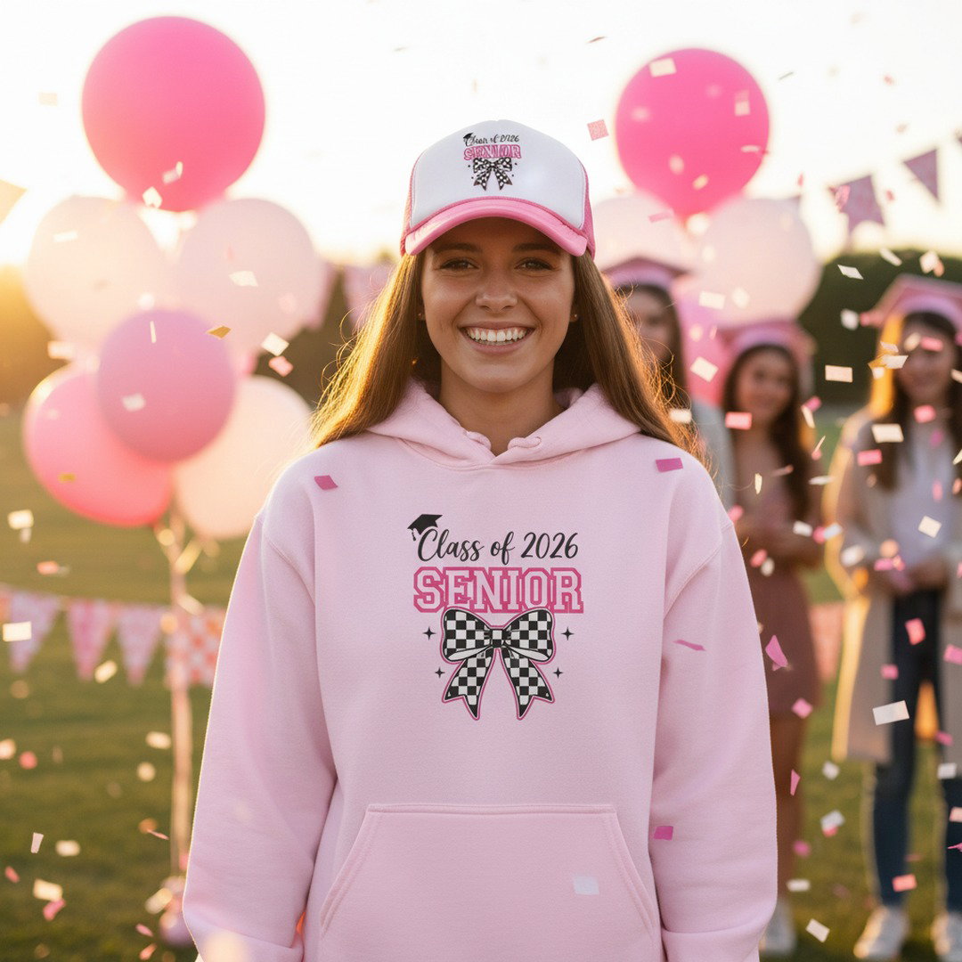 Smiling young woman wearing light pink Class of 2026 Senior checkered bow hoodie and pink and white Senior trucker cap at outdoor graduation celebration with pink and white balloons and confetti falling at golden hour